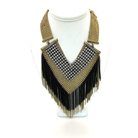 Gold-tone Rhinestone Chainmail Bib Necklace Fringed Chain Statement Boho Chic - Picture 1 of 14